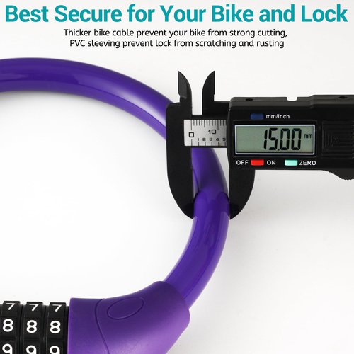 IDEALUX Bike Lock Cable, Bicycle Cable Lock with 5 Digit Combination，Big Head & Metal Pin with Copper Lock Core, Resettable Kids Bike Cable Lock, 20" x ∅0.8" Purple