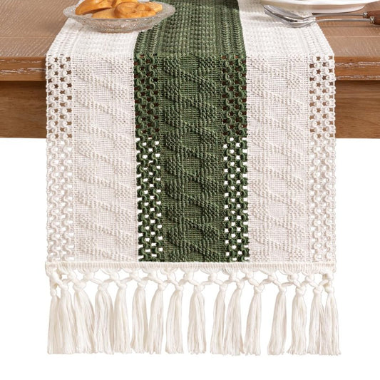 Socomi Boho Table Runner Summer Farmhouse Rustic Dining Kitchen Centerpiece Decor Small Macrame Woven Cotton Linen Coffee Table Runner for Dresser Scarf Home Decor 12x60 inch Olive Green