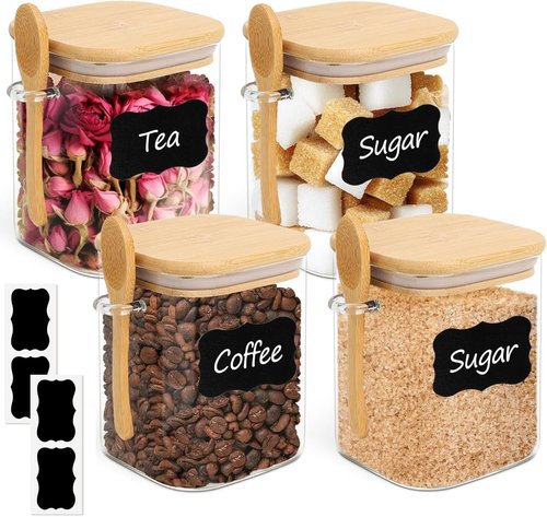 ComSaf Glass Jars Set of 4 - 0.8 Qt Square Containers with Bamboo Lids & Spoons for Pantry Storage