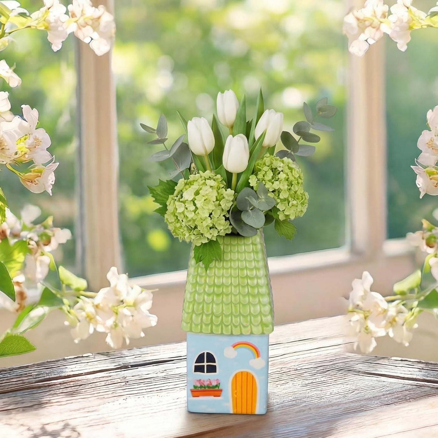 Remerry Ceramic House Shape Vase - Mini Handmade Decorative Flower Container | 2.4 x 3.8 Inch Green
