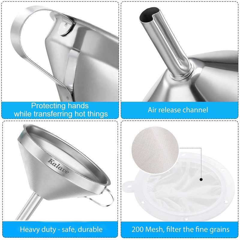KALAVE Premium Stainless Steel Funnel, 5 Inch Food Grade Kitchen Funnels with 200 Mesh Food Filter Strainer for Filling Bottles, Oils, Juice, Wine, Coffee, Milk