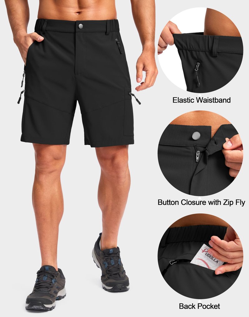 Pudolla Men's Hiking Cargo Shorts Lightweight 7" Travel Casual Shorts for Men Golf Work Outdoor with 5 Zipper Pockets(Black Small)