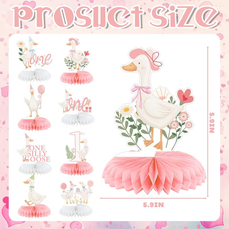 Weekgrat 8 Pcs One Silly Goose Birthday Decorations Silly Goose Birthday Honeycomb Centerpieces Pink 1st Party Supplies for Women Pink Bow Duck Funny Party Supplies