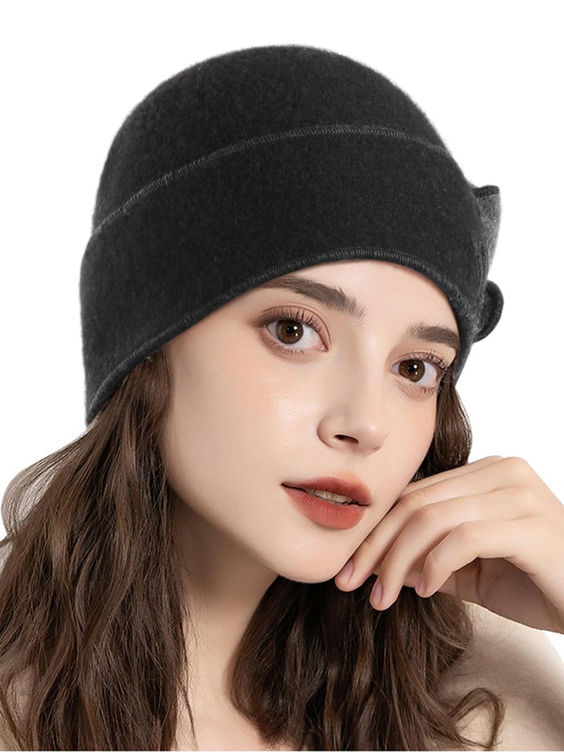 Sumolux Beanie Hats for Women Wool Skull Cap Beret Floral Cuffed French Vintage Dress Cloche Classic Winter 1920s Black Grey