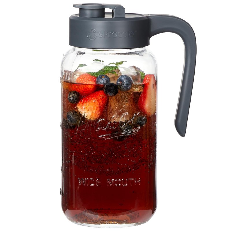 Spreccio 64 oz Mason Jar Pitcher with Lid - Wide Mouth, 2 Quart Glass Water Pitcher with Lid - Heavy Duty, Leak Proof - Sun & Iced Tea, Cold Brew Coffee, Lemonade, Breast Milk Storage