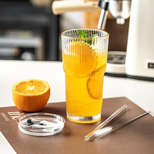 wangsdjy 20oz Ribbed Drinking Glasses with Lids and Glass Straws-Thickened Glass cup -Vintage glass straw cups- Ideal for Iced Coffees, Cocktails, Juices, Family Use and Parties (4)