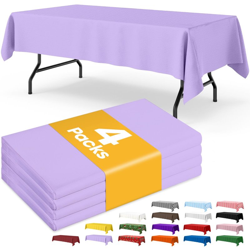 Niuara Lavender Plastic Table Cloth - 4 Pack 54" × 108" Rectangle Disposable Tablecloths for 6FT Tables, Table Cover for Party, Holiday & Gathering Use