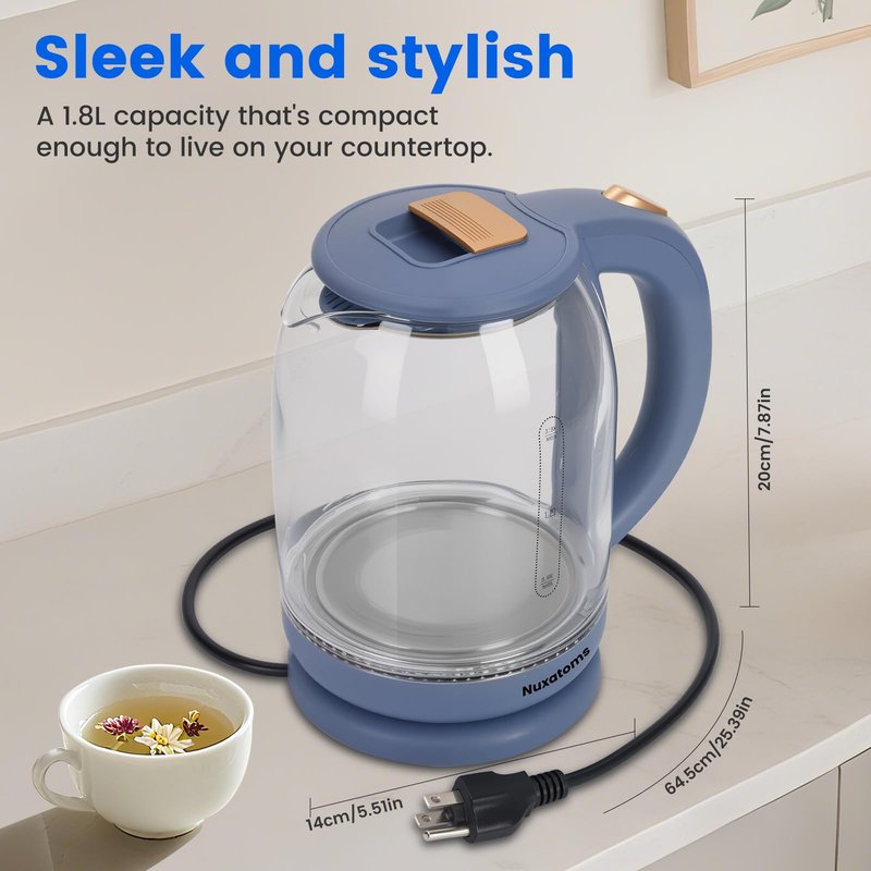 Nuxatoms Glass Electric Kettle, No Plastic Contact With Water, 1.8L Electric Tea Pot, Automatic Shut-off, Borosilicate glass Visual Boiling, Water Heater & Teapot Perfect For Tea & Coffee
