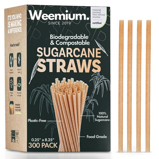 Weemium Sugarcane Straws [300 Pack] 8.25" | FSC Certified 100% Compostable Straws Disposable for Warm and Cold Drinks | Plastic-free & Biodegradable Packaging | Eco friendly made with Sugarcane Fiber