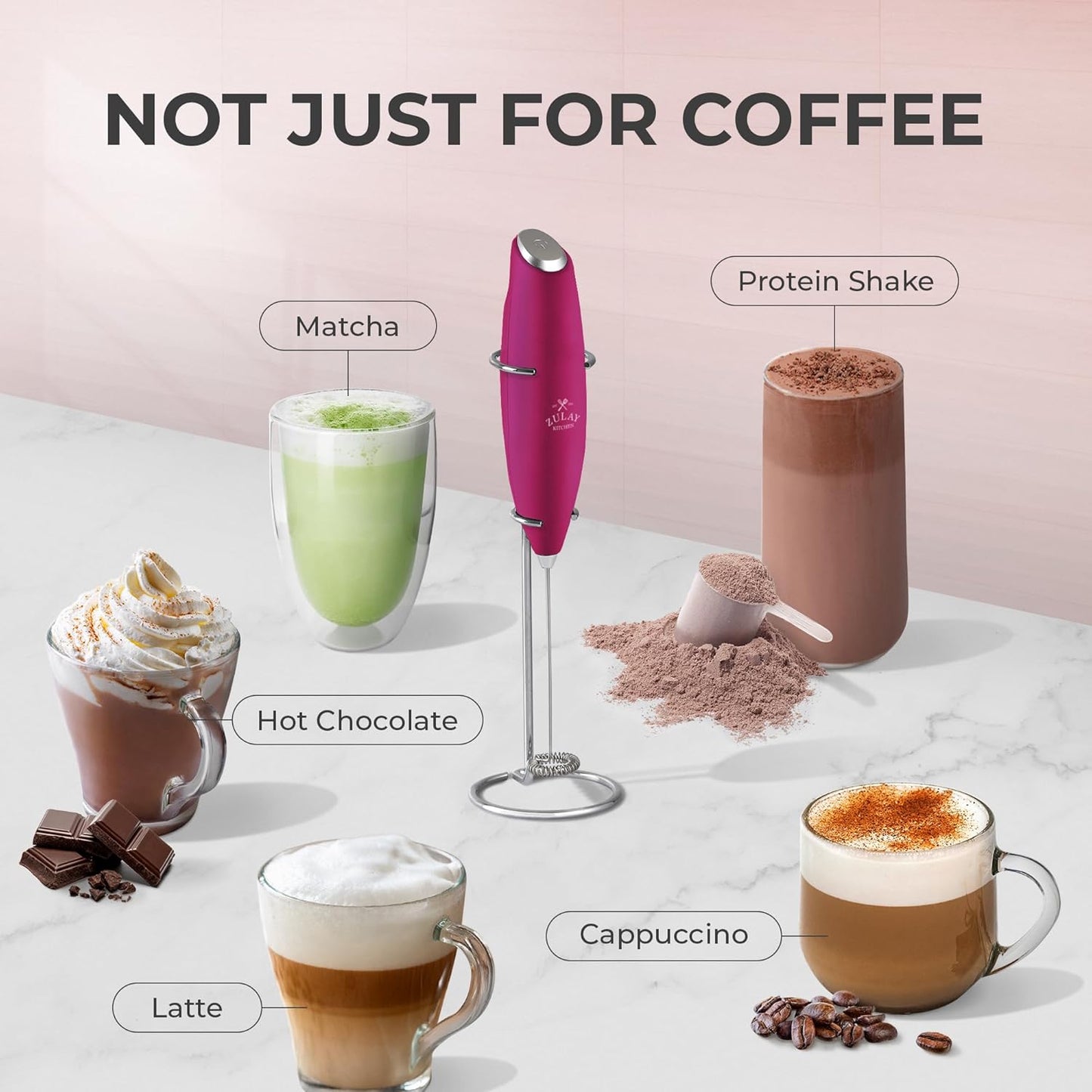 Zulay Kitchen Milk Frother Wand - Ultra-Fast Electric Whisk for Coffee, Lattes & More - Dragonfruit Color