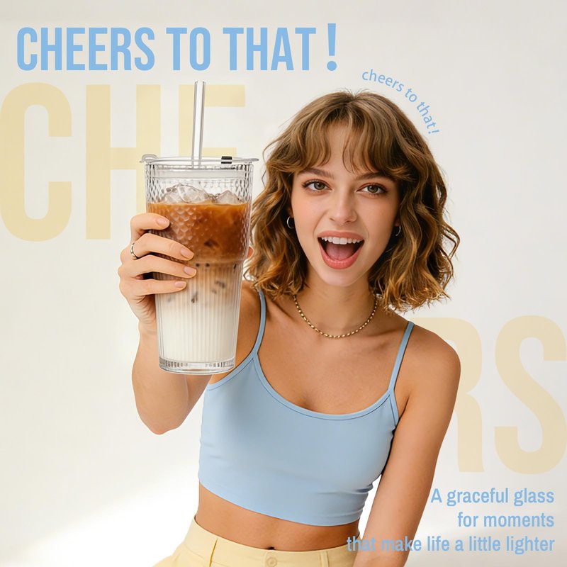 SoulTimes 20oz Glass Tumblers with Lids and Straws, Set of 2 - Stylish Ribbed Design Drinking Glasses for Iced Coffee Cups, Juice, Smoothies, Cold Beverages, Includes Cleaning Brush, Durable Glassware