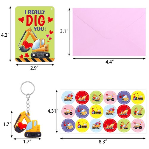 Fancy Land Construction Valentines Cards with keychains 30 Pack Classroom Kids Valentine's Day Cards with Keychains Exchange Gift Set Boys Girls Goody Bag Favors Truck Tractor