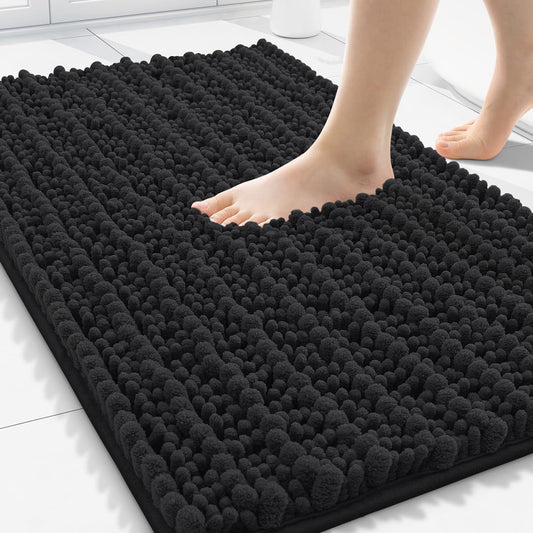 Smiry Bathroom Rugs - Extra Soft Chenille Bath Mat with Non-Slip Backing | 30x20 Inches, Black