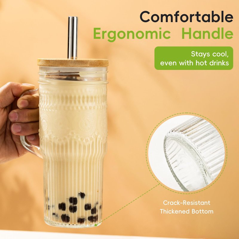 JunVpic Glass Cups with Bamboo Lids and Straws, 24oz Glass Tumbler with Handle, Stainless Steel Straws & Cleaning Brushes – Boho Pattern Iced Coffee Cup for Smoothies, Tea, and Gifts, Set of 2