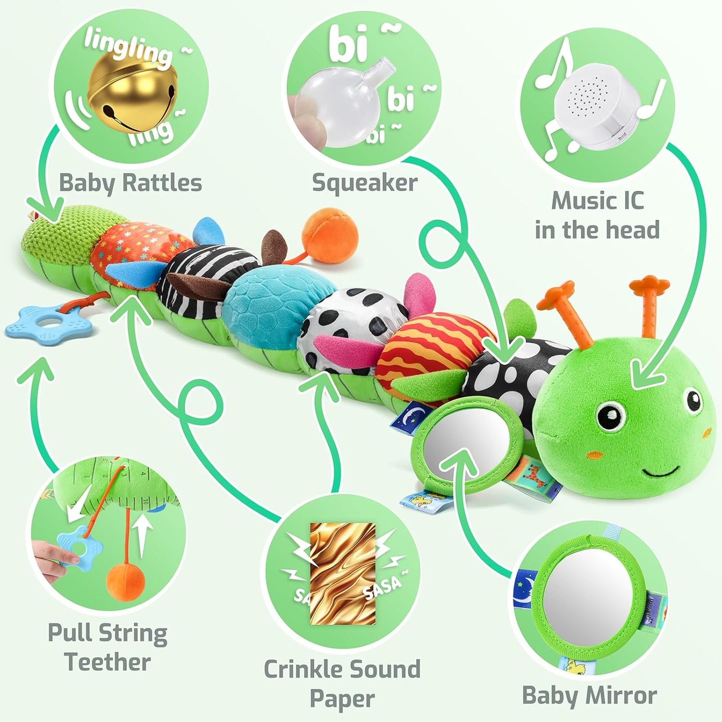 Sumobaby Music Caterpillar Plush Toy - Infant Teething & Tummy Time Rattle | 0-12 Months (Green-Leaf)