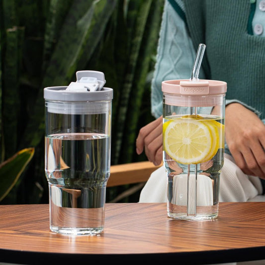 BLUEPOLAR 23oz/680ml Glass Tumbler with Straw and Lid - Leak-Proof Portable Travel Water Glass Cup for Smoothies, Iced Coffee,Matcha and Cold Beverages - Durable and Eco-Friendly (White with Sleeve)