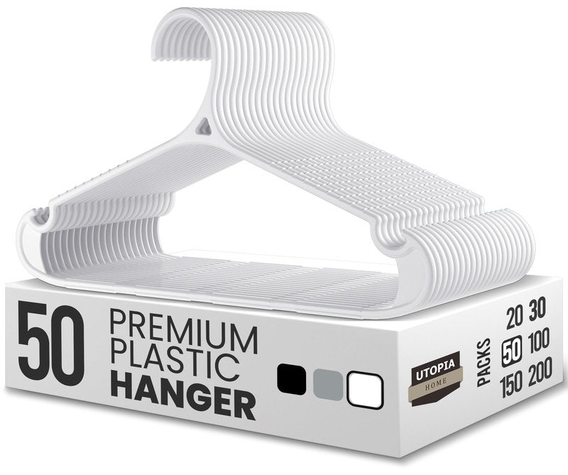 Utopia Home Plastic Hangers 50 Pack for Shirts & Pants – Space-Saving Heavy Duty Plastic Hangers with Non-Slip Shoulder Grooves & Notches - Anti-Slip Pants Bar for Increased Grip (White)