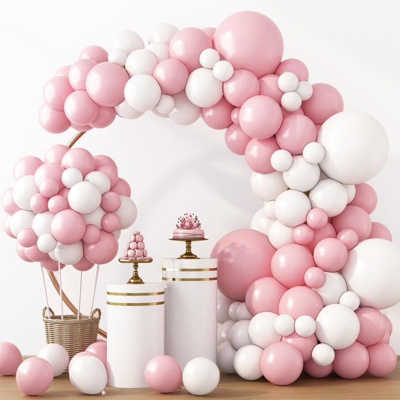 RUBFAC White and Pink Balloons 129pcs Different Sizes Pack of 18 12 10 5 Inch, Latex Baby Pastel Pink Balloon Garland Arch Kit for Birthday Party Wedding Anniversary Baby Shower Gender Reveal