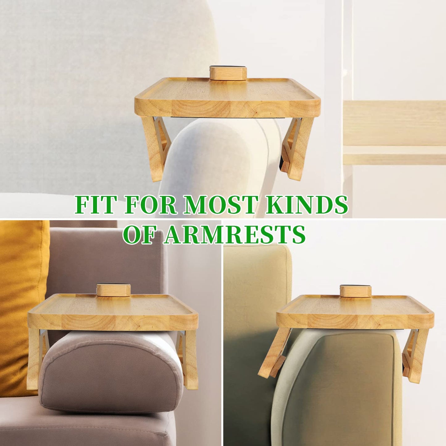 TISEMENT Couch Tray for Wide Sofa, 11.8’’ × 8.7’’ Clip On Sofa Arm Tray with 360° Rotating Bracket,Foldable Couch Arm Table for widening Space, Rubber Wood Couch Cup Holder for Drinks/Snacks/Fruits