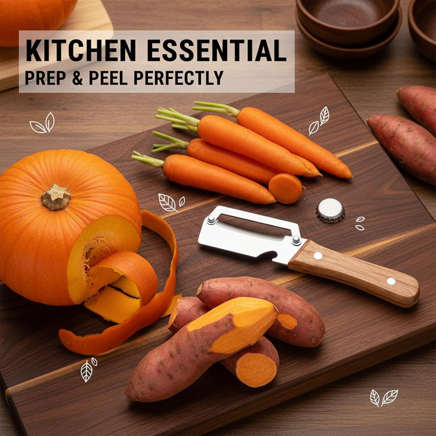 Sakerplus Multifunctional Vegetable Peeler - Premium Stainless Steel Blade with Wooden Handle & Bottle Opener