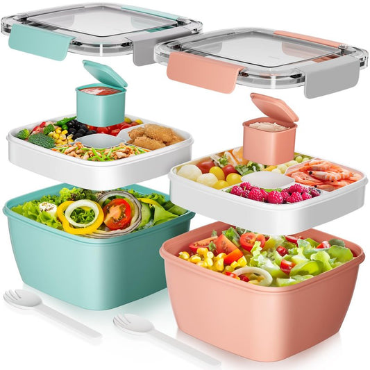 Cherrysea Salad Lunch Container, 68oz Salad Bowls with 4 Compartments Tray,Leak Proof Lunch Box with Fork for Men,Women BPA-Free Snack Container with Sauce Container for Dressings-Grey