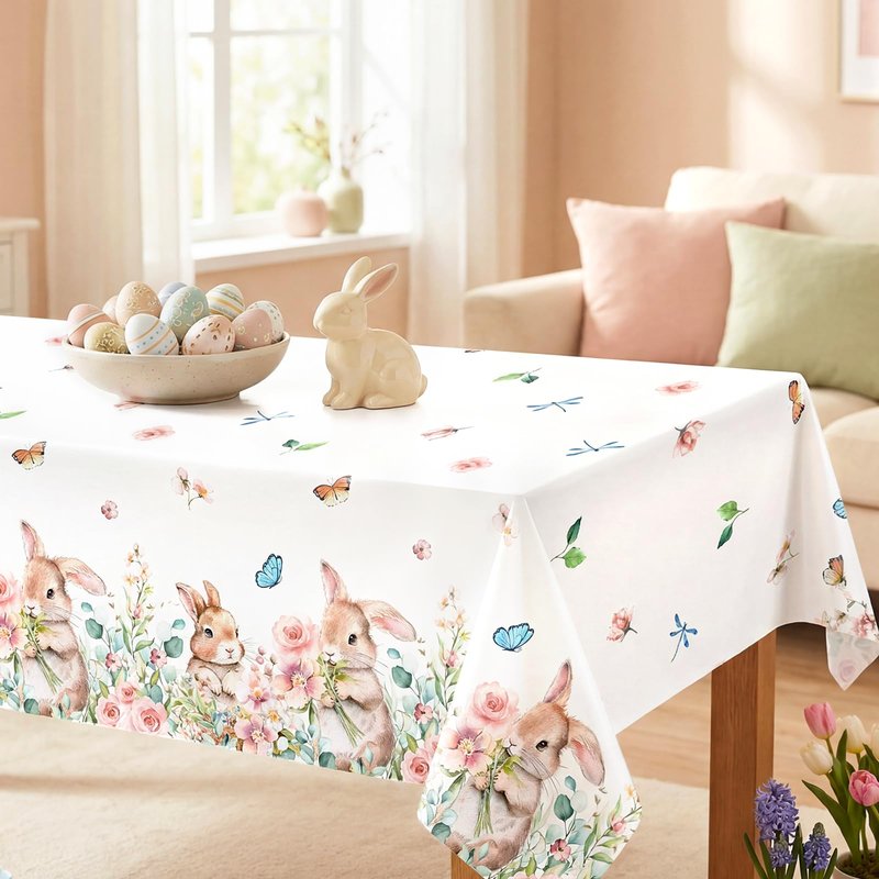 Vanulus 3Pcs Spring Easter Bunny Party Tablecloth Cute Rabbits Pink Floral Disposable Plastic Table Cover Rectangle Table Cloth for Spring Farmhouse Picnic Dinner Table 54x108Inch