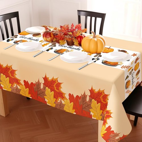 Childom Thanksgiving Tablecloth, 3 Pack Disposable Plastic Tablecloth 54" x 108" Thanksgiving Decorations, Autumn Maple Leaf Party Table Cover, Fall Harvest Party Decor for Outside,Picnic,Home,Dinner
