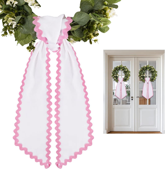 Skiennix Scalloped Wreath Sash - Elegant Ruffle Ribbon Bow for Front Door Decor | 2 Pcs Set in White & Pink