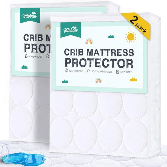 Skiennix Crib Mattress Protector Sheets - Waterproof Quilted Pad Cover, 52” x 28”, White | 2 Pack
