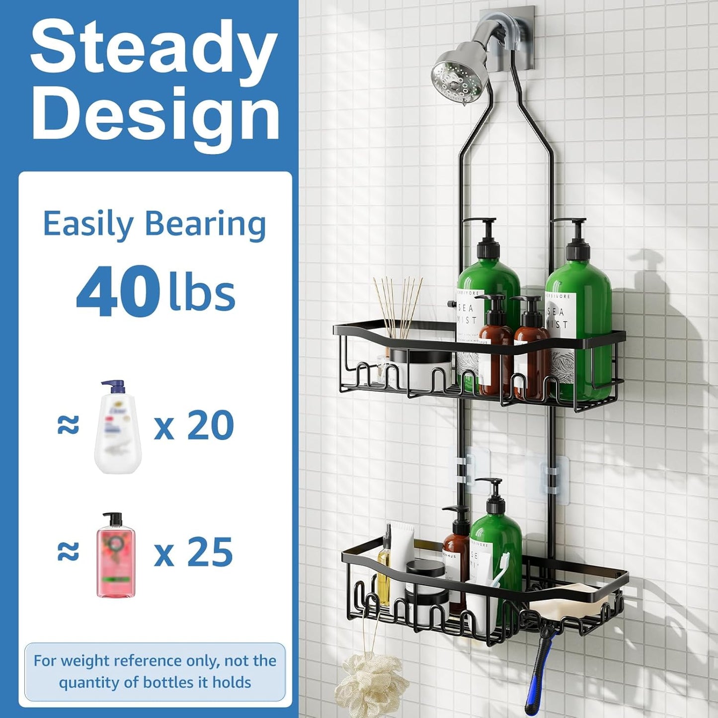 Skiennix Shower Organizer - Upgraded Extended Length Rustproof Caddy with Hooks | Large Bathroom Storage