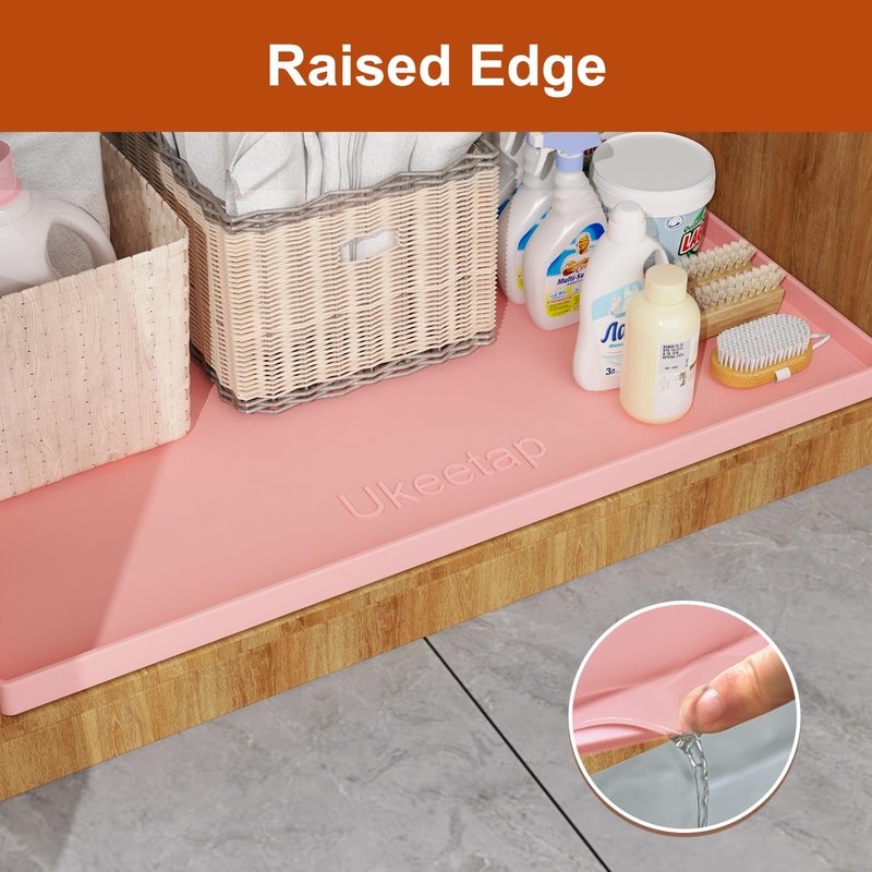 ukeetap Extra Thick Silicone Mat Waterproof with Raised Edge 34" x 22", Under Sink Mat for Kitchen & Bathroom, Kitchen Cabinet Liner, Multi-Purpose for Storage & Protection, Pink