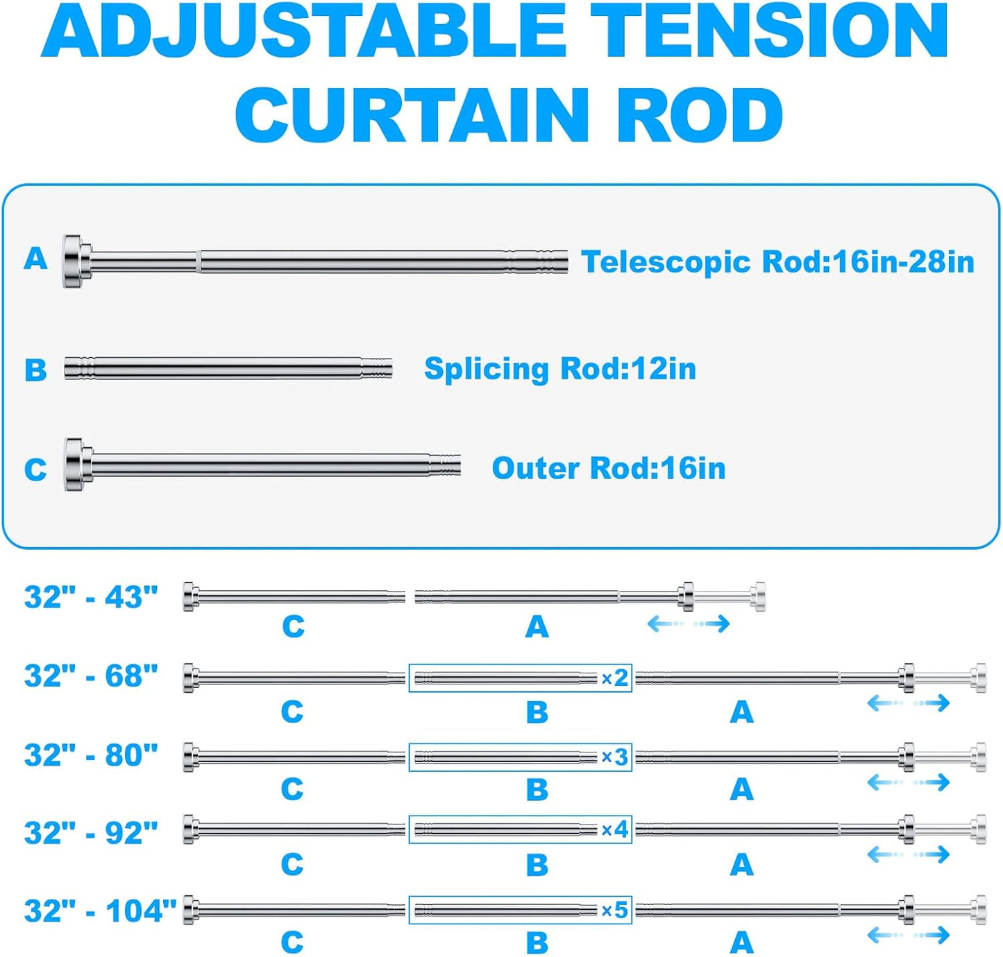 TEECK Adjustable Shower Curtain Rod - 32-80 Inch, Rust-Resistant, No Drilling, Easy to Use - Silver