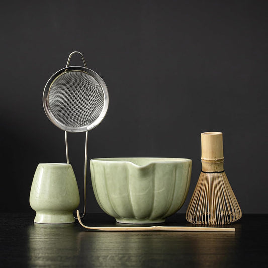 Skiennix Matcha Whisk Set - Complete 5-Piece Kit with Ceramic Bowl, Bamboo Whisk, and Sifter | Mottled Green