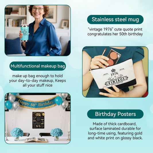 TrophyToast 50th Birthday Gifts for Women Her- 4 pcs, Turning 50 Year Old Gifts, Decorations Canvas Beach Tote Bag & Makeup Bag, Unique Happy 50th Present for Her Mom Wife Friends