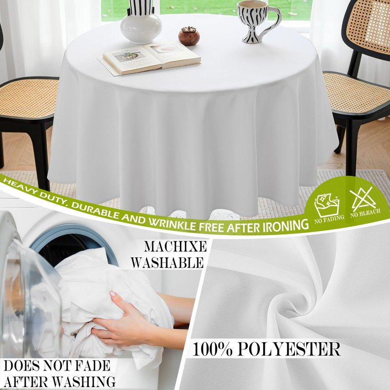 BYDOLL Table Cloth 60 Inch Round Tablecloth Fits Max50 Inch Diameter Table Top,White Polyester Washable Wrinkle-Free Spillproof Tablecloth for Party Patio Cover