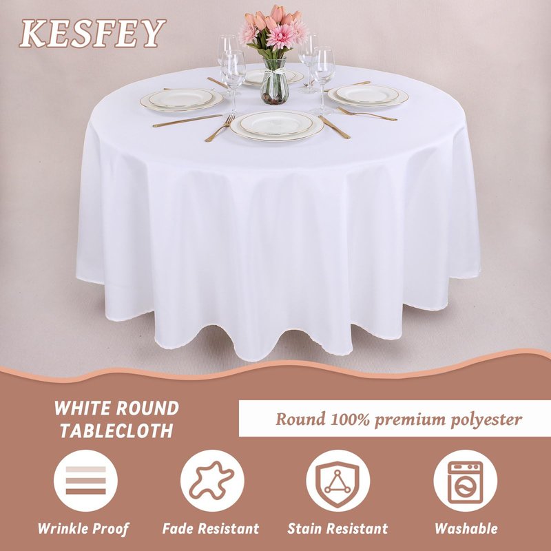 Kesfey 6 Packs Round Tablecloth 70 Inches White Polyester Table Cloths Stain and Wrinkle Resistant Tablecloths for Round Tables Washable Circle Fabric Tablecovers for Wedding Camping Banquet Parties
