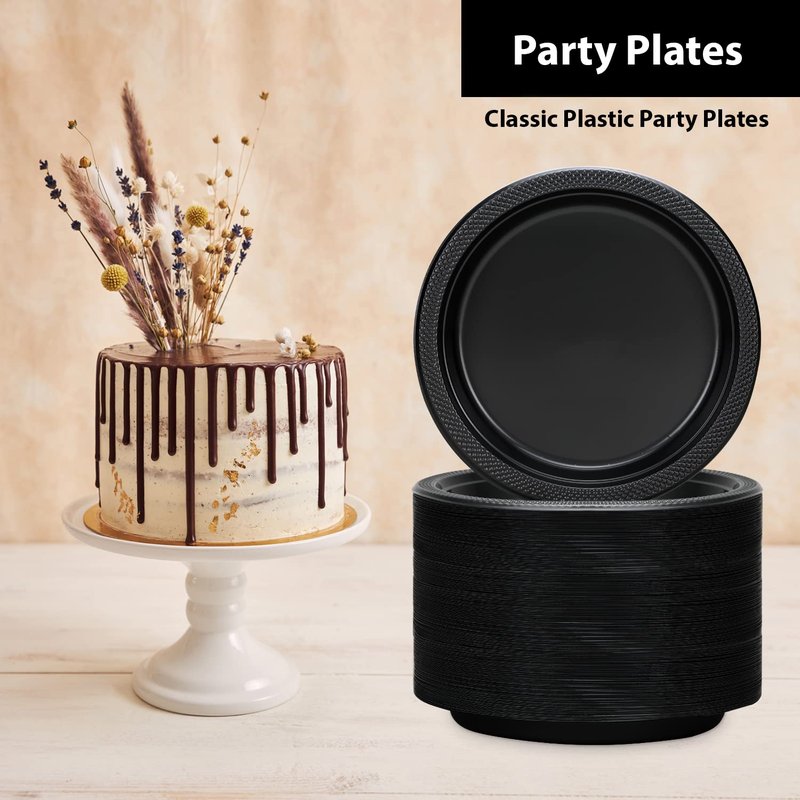 Black Plastic Plates 9 Inch - 50 count - Plastic Solid Round Party Plates For Weddings, BBQs, Birthday Plates - Disposable Black Plates - Plastic Dessert Plates