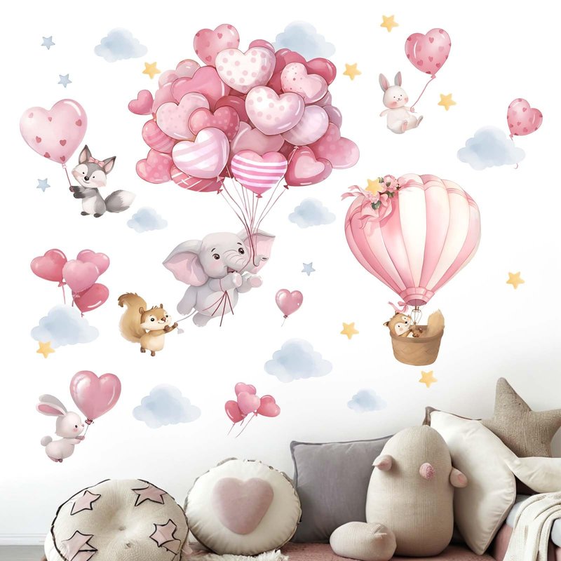Animals Balloon Wall Stickers for Nursery: Baby Girls Kids Boys Bedroom Wall Decals - Pink Hot Air Balloon Elephant Fox