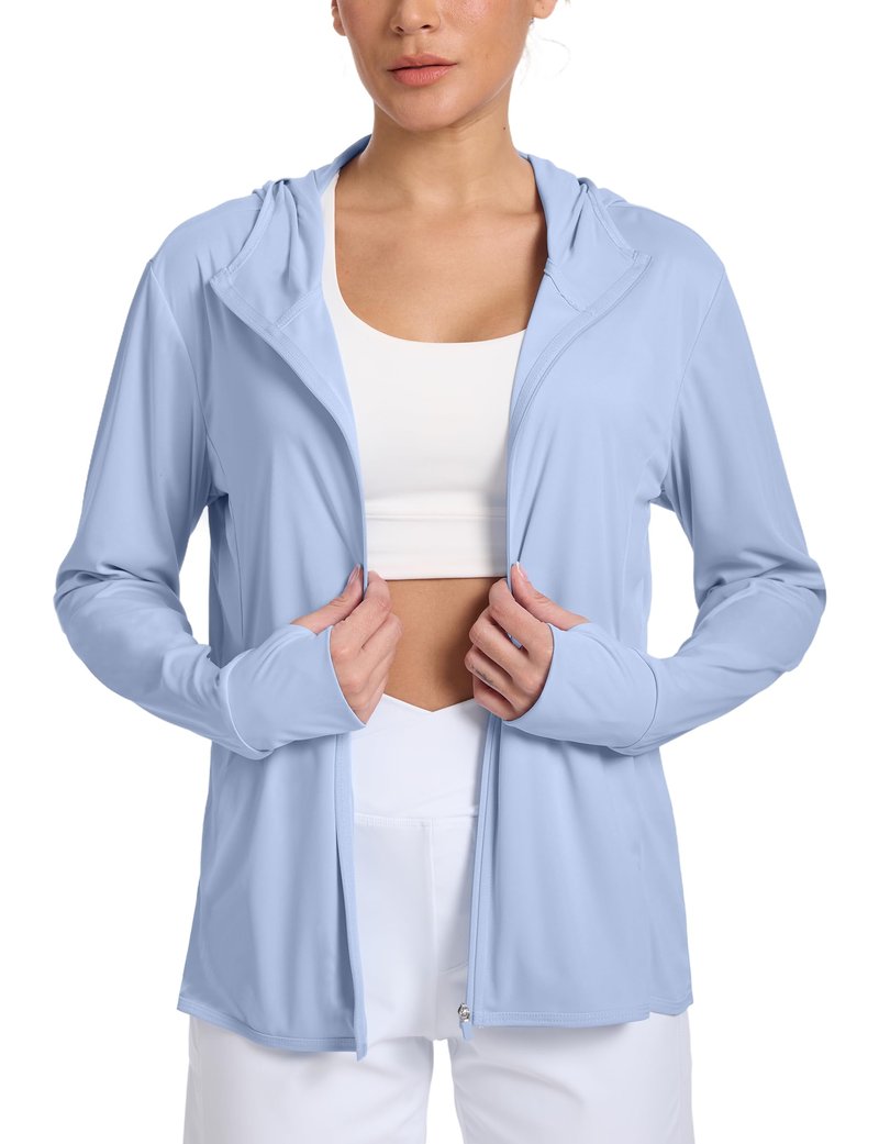 CHALLMOTI Women's Sun Protection Jacket Zip up Hoodie Lightweight Long Sleeve UV Cover Up Hiking Shirt UPF 50+ Light Blue XS
