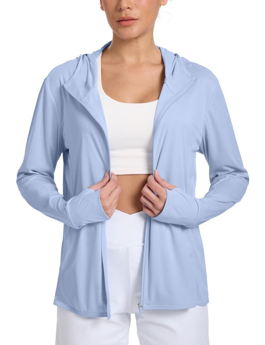 CHALLMOTI Women's Sun Protection Jacket Zip up Hoodie Lightweight Long Sleeve UV Cover Up Hiking Shirt UPF 50+ Light Blue XS