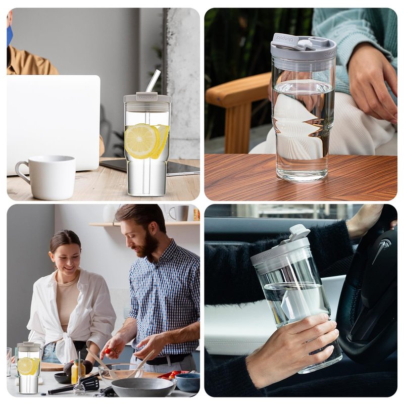 BLUEPOLAR 20 oz Glass Cups with Lids and Straws - Leak-Proof Portable Travel Water Glass Tumbler for Smoothies, Iced Coffee, Matcha, and Cold Beverages - Durable and Eco-Friendly (grey)
