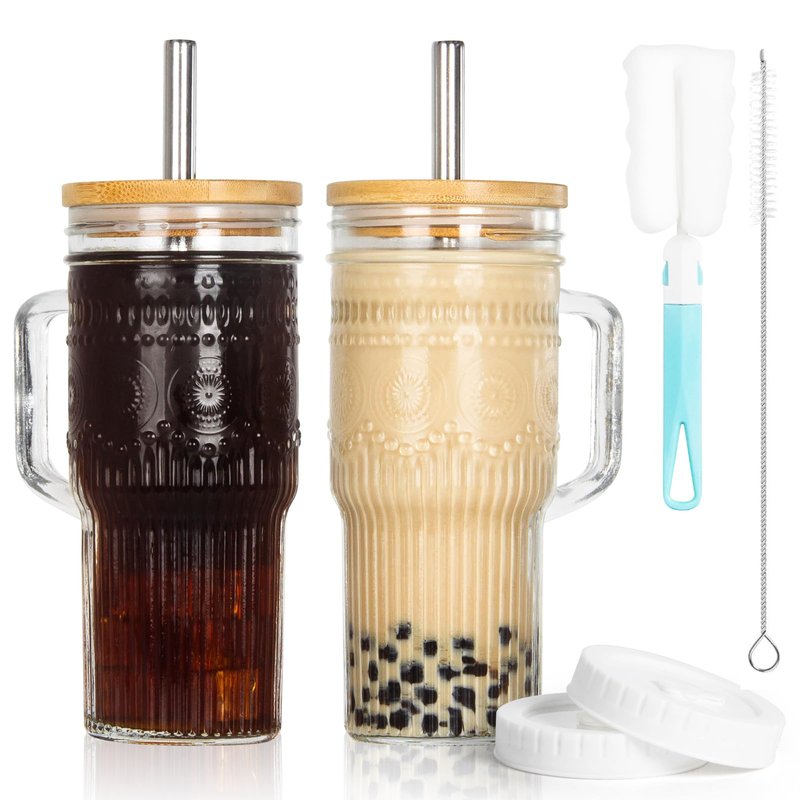 JunVpic Glass Cups with Bamboo Lids and Straws, 24oz Glass Tumbler with Handle, Stainless Steel Straws & Cleaning Brushes – Boho Pattern Iced Coffee Cup for Smoothies, Tea, and Gifts, Set of 2