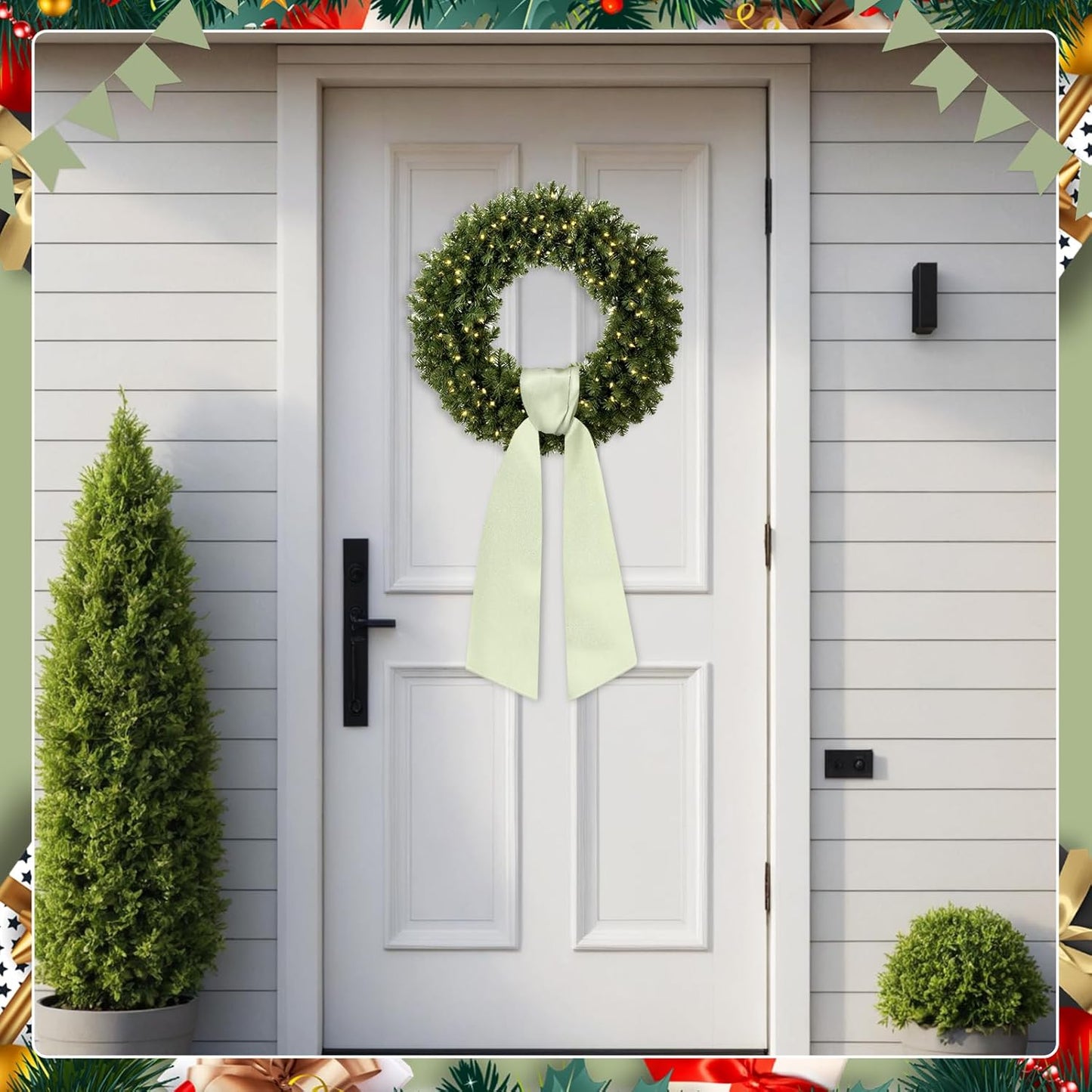 Skiennix Sage Green Wreath Sash - Blank Satin Monogram Sash for Front Door Decor | 2 Pcs Set