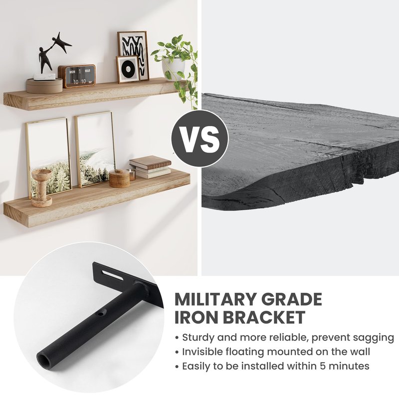 Solid Wood Floating Shelves for Wall 36"W x 8"D x 1.56"H Set of 2, Deep Wall Shelves for Living Room Bedroom Bathroom Kitchen Decor Storage with Invisible Heavy-Duty Metal Bracket, Carbonized Black