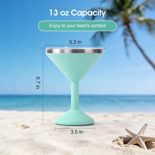 Daximo 13 oz Double-Wall Vacuum Insulated Martini Tumbler – Stainless Steel Martini Glasses with Lid and Non-slip Base – Elegant Large Martini Cups for Perfectly Chilled Drinks (Mint Green)