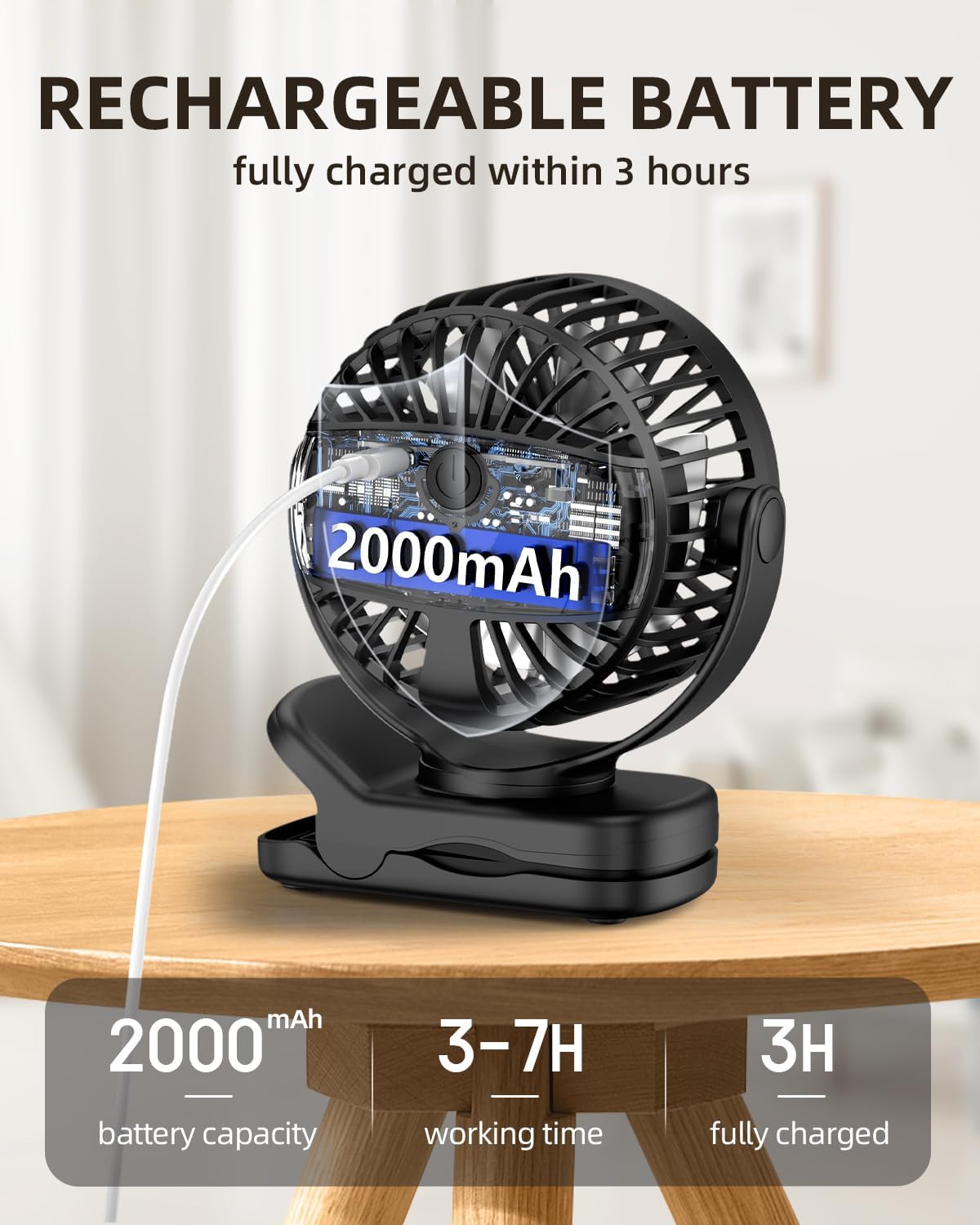 TUNISE Mini Clip-On Fan - Battery Operated, 3-Speed Adjustable, 360° Rotation - Portable Black Fan for Home & Office