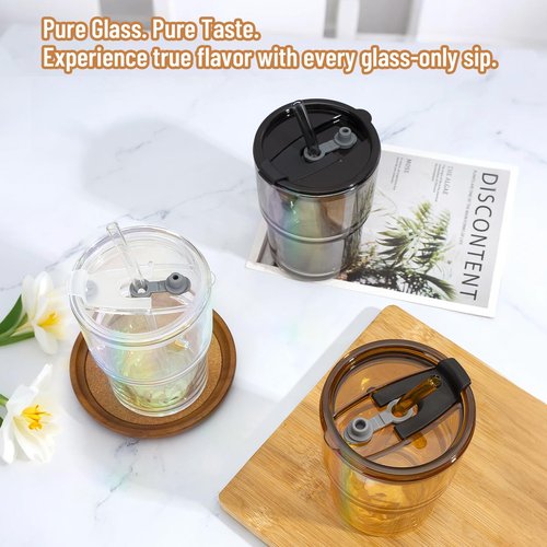 Cafezi 13 oz Glass Tumbler with Glass Straw and Lid, Leak-Proof Reusable Travel Cup for Iced Coffee, Tea, Matcha, Fruit Juice – Thick Wall Clear Water Bottle (Amber, 2 Pack)
