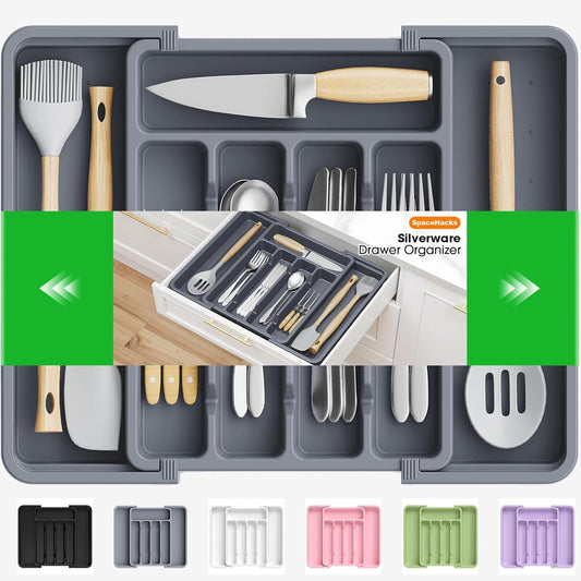 SpaceHacks Silverware Organizer - Adjustable & Expandable Utensil Holder | BPA-Free Cutlery Tray in Medium Grey