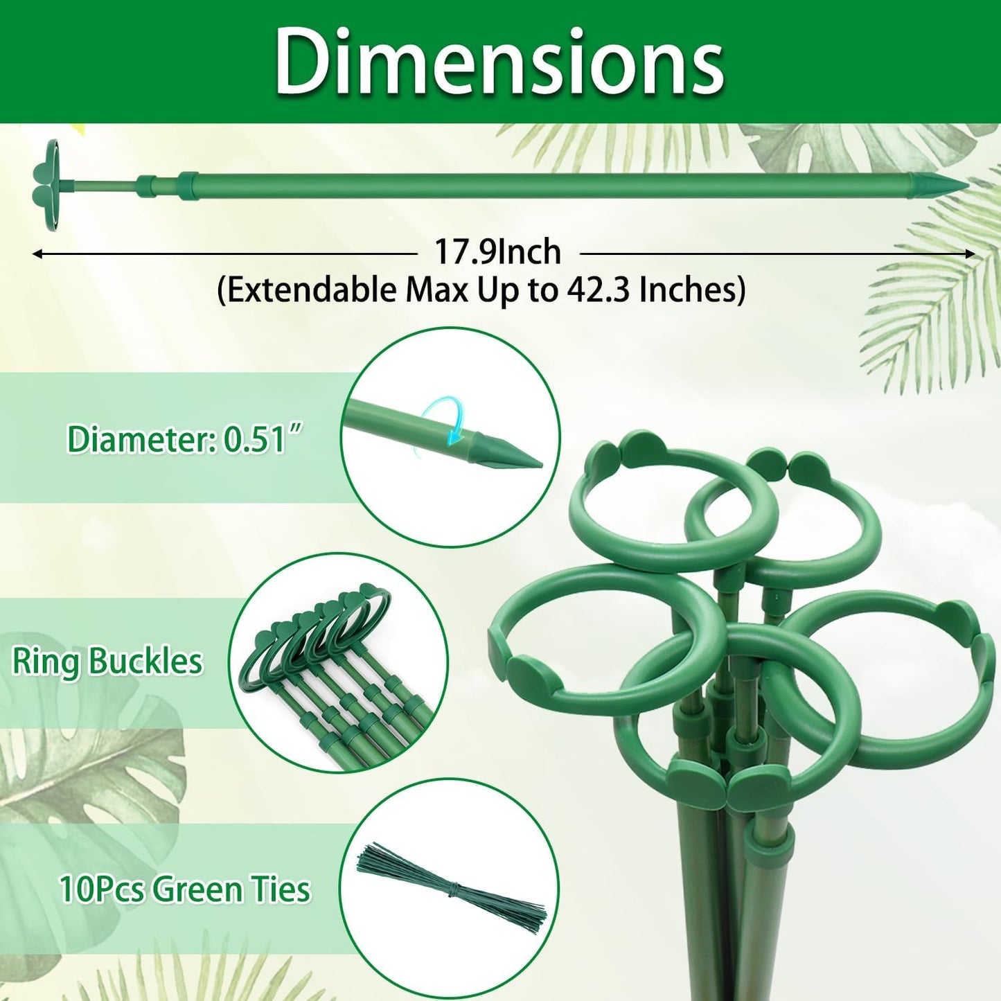 Skiennix Extendable Plant Stakes - Adjustable 17.9IN to 42.3IN Support for Orchids & Vines | 5-Pack