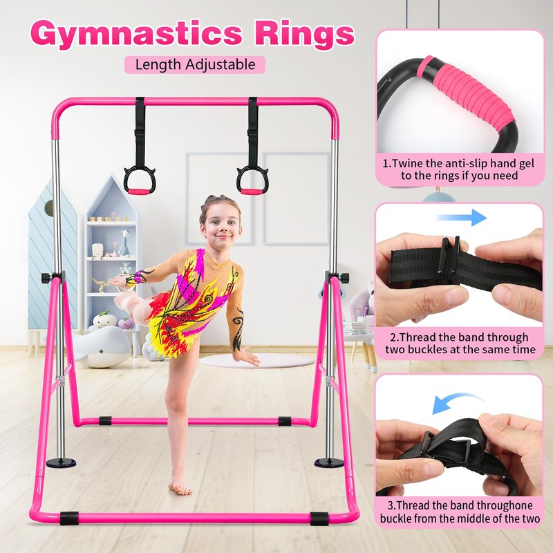 Bighaki808 Gymnastics Bars Kids Training Bars for Home, Folding Horizontal Bars with Adjustable Height Expandable Gymnastics Equipment Junior Kip Bar for Girls & Boys (Pink)